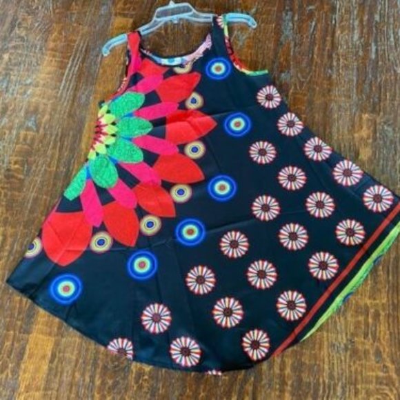 New *GORGEOUS Neon BRIGHT & BLACK Silky Asymmetric Hem CRUISE Resort SUNDRESS -S - Picture 1 of 10